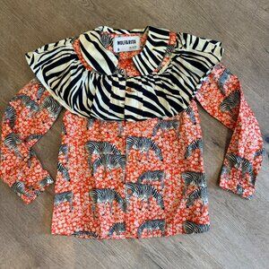 Wolf&Rita Girls Button-Up Blouse Zebra & Floral Print Ruffled Collar Long-Sleeve